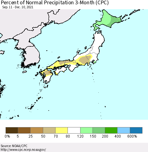 Japan Percent of Normal Precipitation 3-Month (CPC) Thematic Map For 9/11/2021 - 12/10/2021