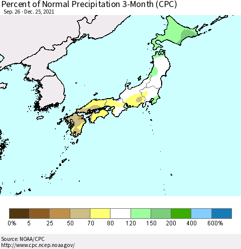 Japan Percent of Normal Precipitation 3-Month (CPC) Thematic Map For 9/26/2021 - 12/25/2021