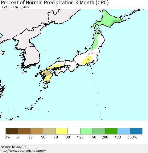 Japan Percent of Normal Precipitation 3-Month (CPC) Thematic Map For 10/6/2021 - 1/5/2022