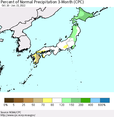 Japan Percent of Normal Precipitation 3-Month (CPC) Thematic Map For 10/16/2021 - 1/15/2022