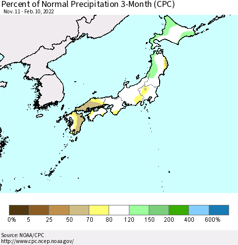 Japan Percent of Normal Precipitation 3-Month (CPC) Thematic Map For 11/11/2021 - 2/10/2022
