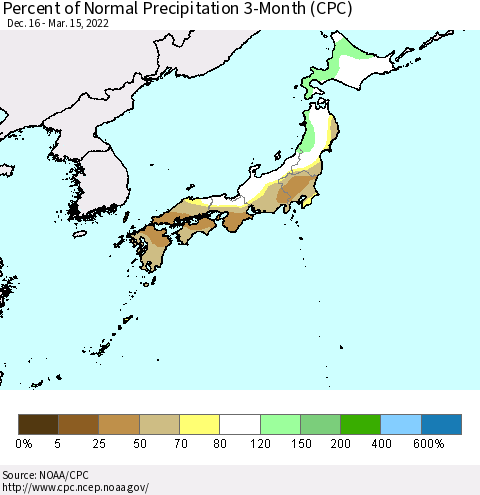 Japan Percent of Normal Precipitation 3-Month (CPC) Thematic Map For 12/16/2021 - 3/15/2022