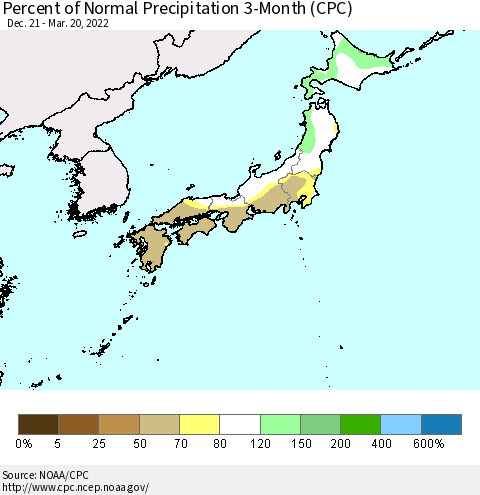 Japan Percent of Normal Precipitation 3-Month (CPC) Thematic Map For 12/21/2021 - 3/20/2022