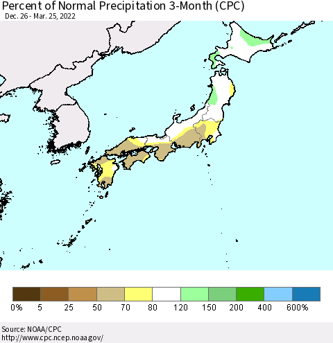 Japan Percent of Normal Precipitation 3-Month (CPC) Thematic Map For 12/26/2021 - 3/25/2022