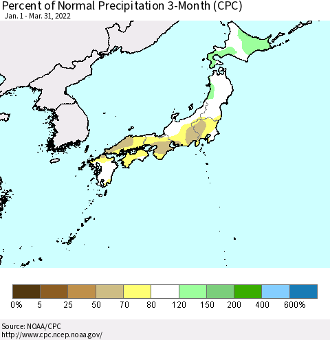 Japan Percent of Normal Precipitation 3-Month (CPC) Thematic Map For 1/1/2022 - 3/31/2022