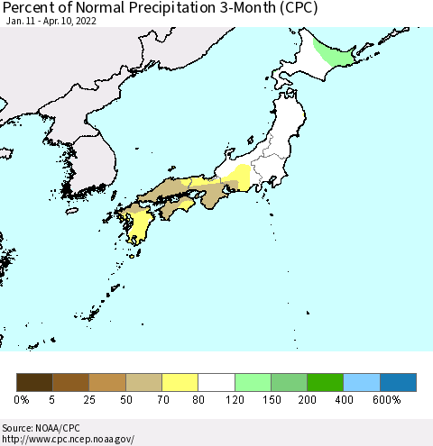 Japan Percent of Normal Precipitation 3-Month (CPC) Thematic Map For 1/11/2022 - 4/10/2022