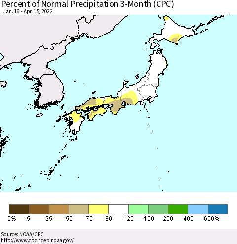 Japan Percent of Normal Precipitation 3-Month (CPC) Thematic Map For 1/16/2022 - 4/15/2022