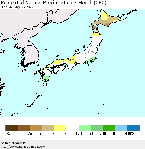 Japan Percent of Normal Precipitation 3-Month (CPC) Thematic Map For 2/26/2022 - 5/25/2022