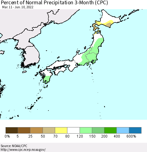 Japan Percent of Normal Precipitation 3-Month (CPC) Thematic Map For 3/11/2022 - 6/10/2022