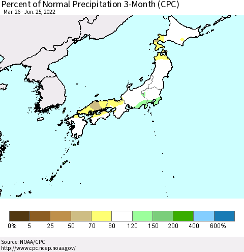 Japan Percent of Normal Precipitation 3-Month (CPC) Thematic Map For 3/26/2022 - 6/25/2022