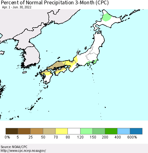 Japan Percent of Normal Precipitation 3-Month (CPC) Thematic Map For 4/1/2022 - 6/30/2022