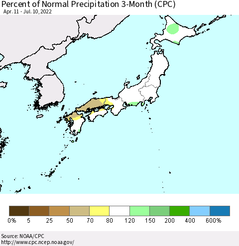 Japan Percent of Normal Precipitation 3-Month (CPC) Thematic Map For 4/11/2022 - 7/10/2022