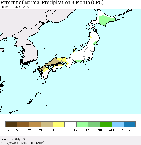 Japan Percent of Normal Precipitation 3-Month (CPC) Thematic Map For 5/1/2022 - 7/31/2022
