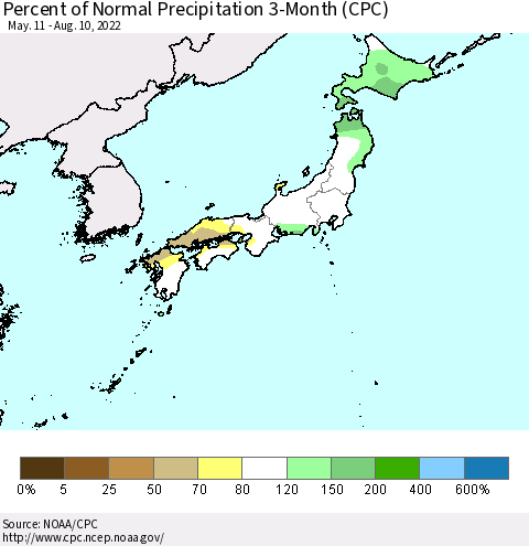 Japan Percent of Normal Precipitation 3-Month (CPC) Thematic Map For 5/11/2022 - 8/10/2022