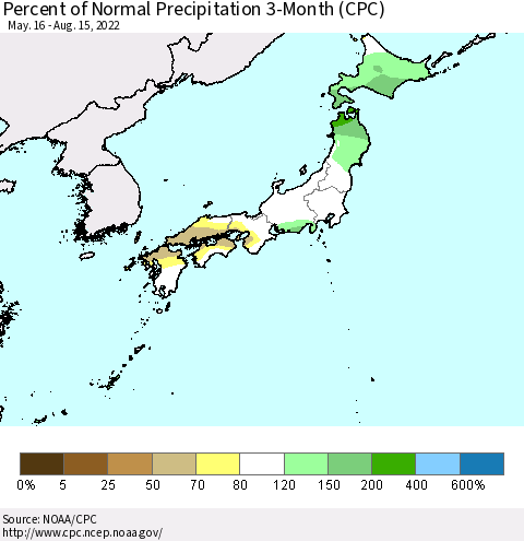 Japan Percent of Normal Precipitation 3-Month (CPC) Thematic Map For 5/16/2022 - 8/15/2022