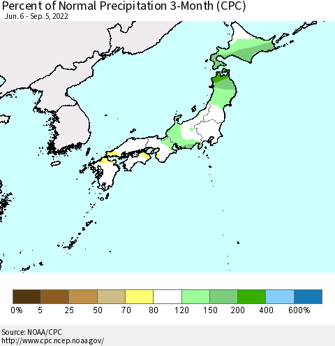 Japan Percent of Normal Precipitation 3-Month (CPC) Thematic Map For 6/6/2022 - 9/5/2022