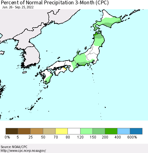 Japan Percent of Normal Precipitation 3-Month (CPC) Thematic Map For 6/26/2022 - 9/25/2022