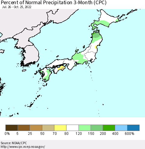 Japan Percent of Normal Precipitation 3-Month (CPC) Thematic Map For 7/26/2022 - 10/25/2022