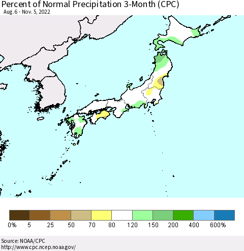 Japan Percent of Normal Precipitation 3-Month (CPC) Thematic Map For 8/6/2022 - 11/5/2022