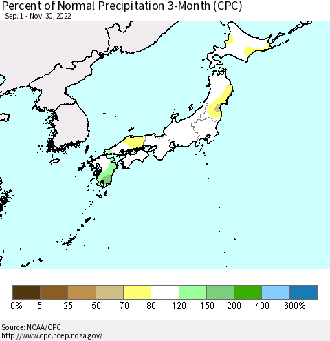 Japan Percent of Normal Precipitation 3-Month (CPC) Thematic Map For 9/1/2022 - 11/30/2022