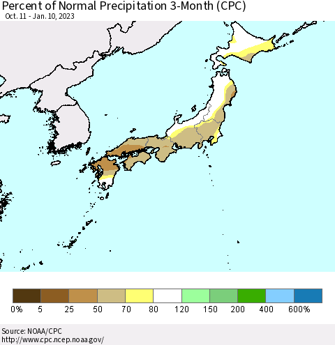 Japan Percent of Normal Precipitation 3-Month (CPC) Thematic Map For 10/11/2022 - 1/10/2023