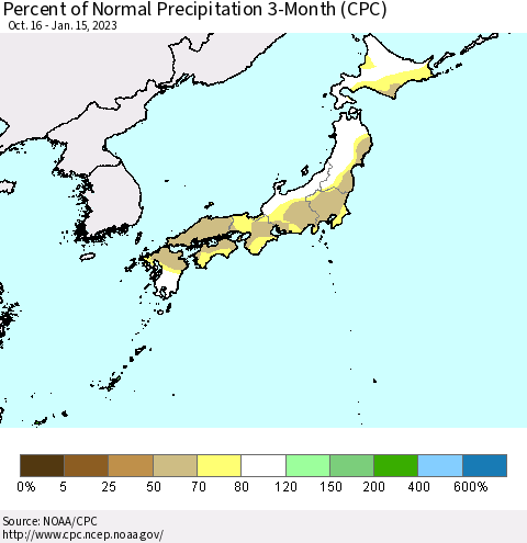 Japan Percent of Normal Precipitation 3-Month (CPC) Thematic Map For 10/16/2022 - 1/15/2023