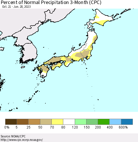 Japan Percent of Normal Precipitation 3-Month (CPC) Thematic Map For 10/21/2022 - 1/20/2023