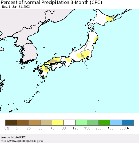 Japan Percent of Normal Precipitation 3-Month (CPC) Thematic Map For 11/1/2022 - 1/31/2023