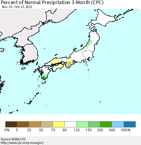 Japan Percent of Normal Precipitation 3-Month (CPC) Thematic Map For 11/16/2022 - 2/15/2023