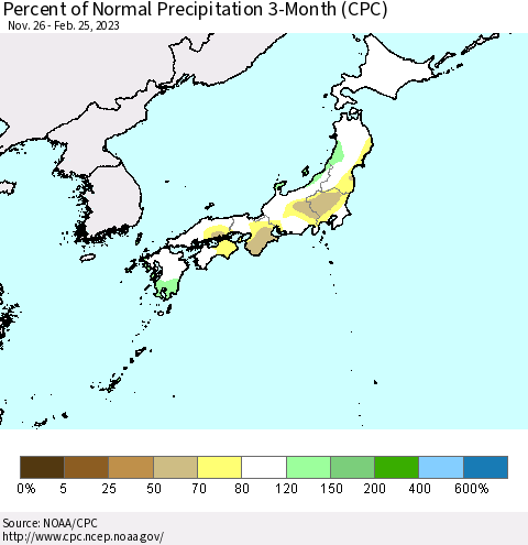 Japan Percent of Normal Precipitation 3-Month (CPC) Thematic Map For 11/26/2022 - 2/25/2023