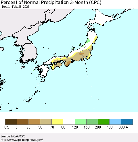 Japan Percent of Normal Precipitation 3-Month (CPC) Thematic Map For 12/1/2022 - 2/28/2023