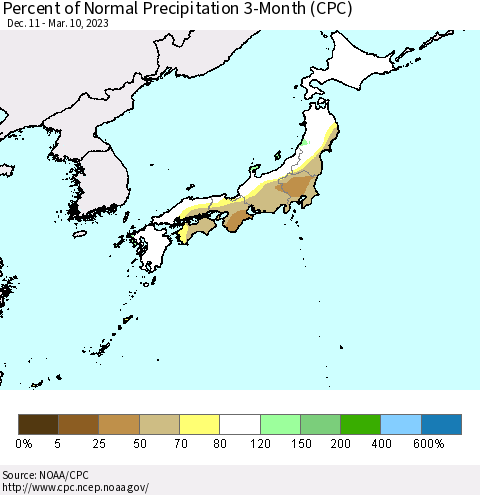 Japan Percent of Normal Precipitation 3-Month (CPC) Thematic Map For 12/11/2022 - 3/10/2023