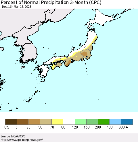 Japan Percent of Normal Precipitation 3-Month (CPC) Thematic Map For 12/16/2022 - 3/15/2023