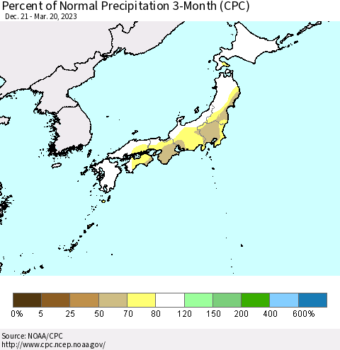Japan Percent of Normal Precipitation 3-Month (CPC) Thematic Map For 12/21/2022 - 3/20/2023