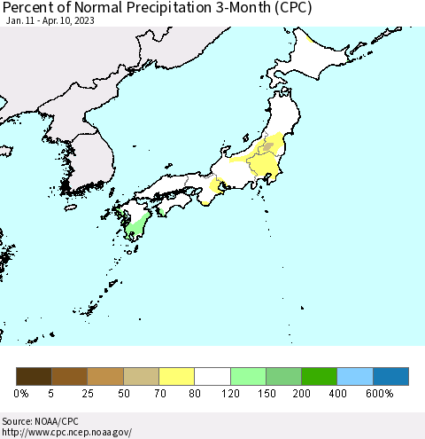 Japan Percent of Normal Precipitation 3-Month (CPC) Thematic Map For 1/11/2023 - 4/10/2023