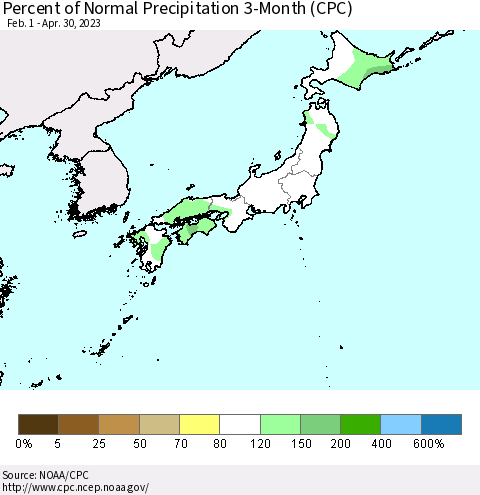 Japan Percent of Normal Precipitation 3-Month (CPC) Thematic Map For 2/1/2023 - 4/30/2023