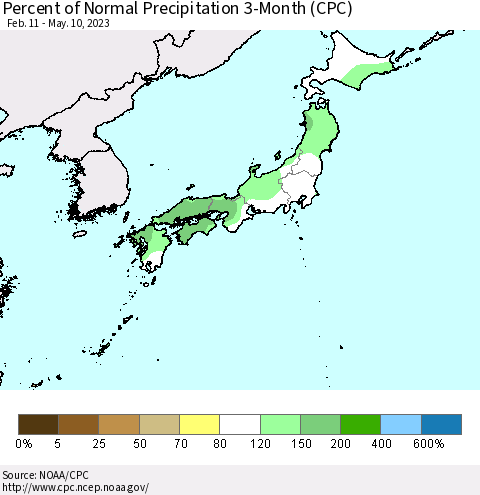 Japan Percent of Normal Precipitation 3-Month (CPC) Thematic Map For 2/11/2023 - 5/10/2023