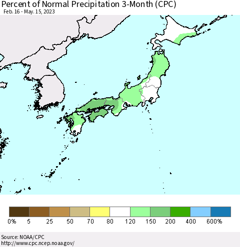 Japan Percent of Normal Precipitation 3-Month (CPC) Thematic Map For 2/16/2023 - 5/15/2023
