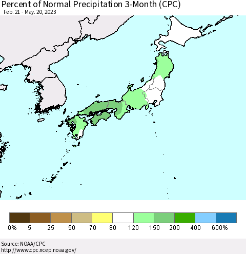 Japan Percent of Normal Precipitation 3-Month (CPC) Thematic Map For 2/21/2023 - 5/20/2023