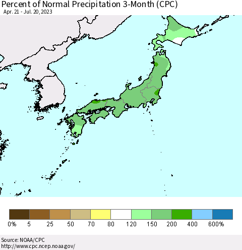 Japan Percent of Normal Precipitation 3-Month (CPC) Thematic Map For 4/21/2023 - 7/20/2023
