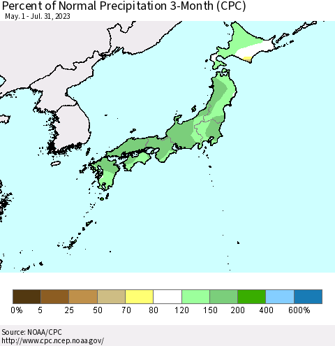 Japan Percent of Normal Precipitation 3-Month (CPC) Thematic Map For 5/1/2023 - 7/31/2023