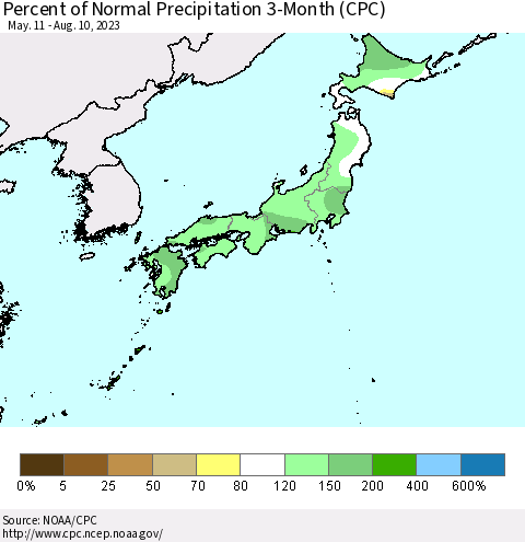 Japan Percent of Normal Precipitation 3-Month (CPC) Thematic Map For 5/11/2023 - 8/10/2023