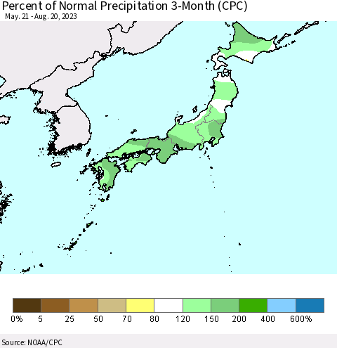 Japan Percent of Normal Precipitation 3-Month (CPC) Thematic Map For 5/21/2023 - 8/20/2023