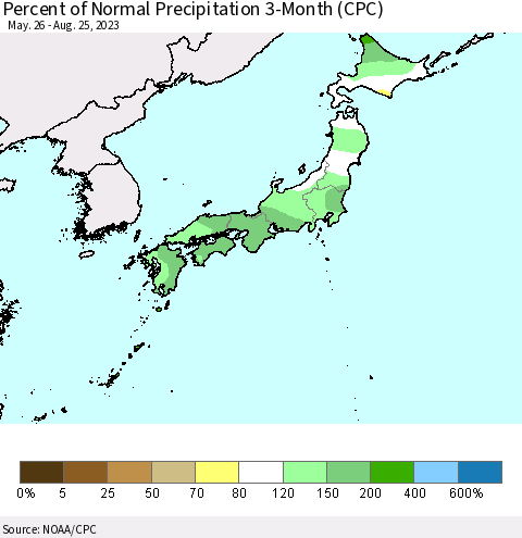 Japan Percent of Normal Precipitation 3-Month (CPC) Thematic Map For 5/26/2023 - 8/25/2023