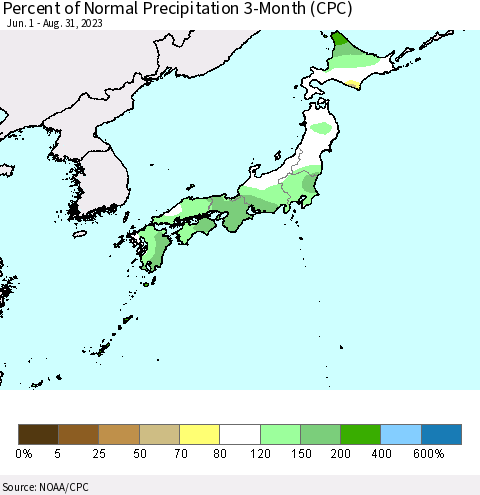 Japan Percent of Normal Precipitation 3-Month (CPC) Thematic Map For 6/1/2023 - 8/31/2023