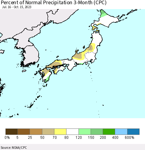 Japan Percent of Normal Precipitation 3-Month (CPC) Thematic Map For 7/16/2023 - 10/15/2023