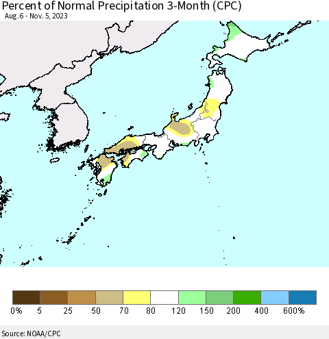 Japan Percent of Normal Precipitation 3-Month (CPC) Thematic Map For 8/6/2023 - 11/5/2023