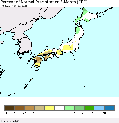 Japan Percent of Normal Precipitation 3-Month (CPC) Thematic Map For 8/21/2023 - 11/20/2023