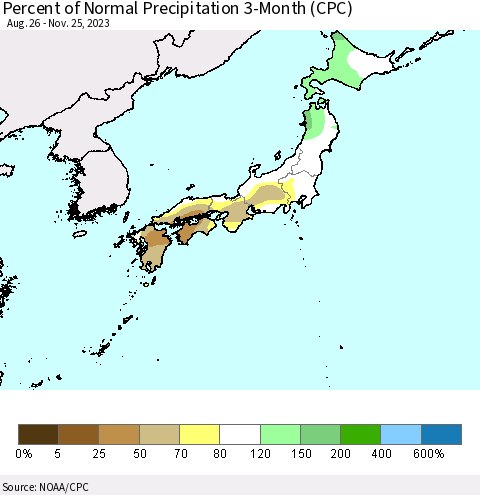 Japan Percent of Normal Precipitation 3-Month (CPC) Thematic Map For 8/26/2023 - 11/25/2023