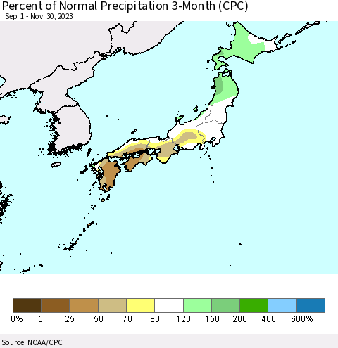 Japan Percent of Normal Precipitation 3-Month (CPC) Thematic Map For 9/1/2023 - 11/30/2023